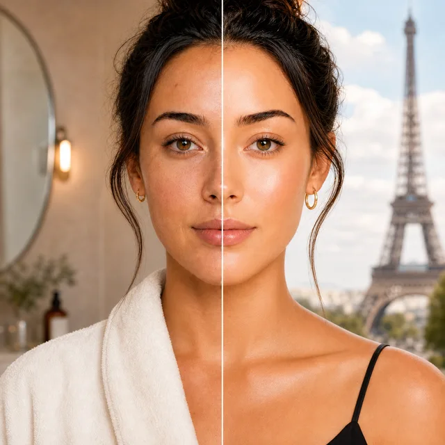 GlowKit scan evidence showing a before and after skin progress portrait