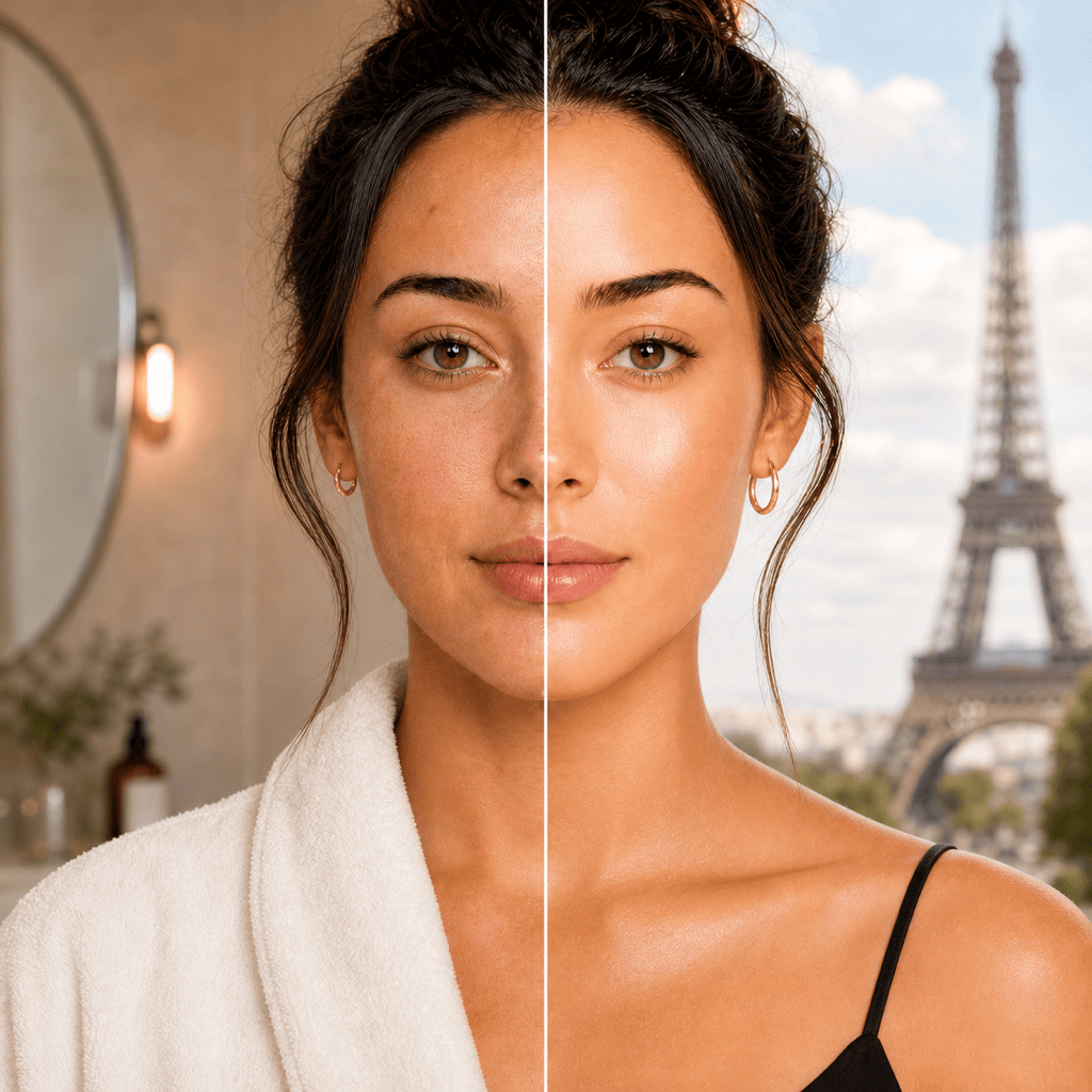 GlowKit progress view showing repeatable skincare photos with a GlowScore and visible cosmetic signals