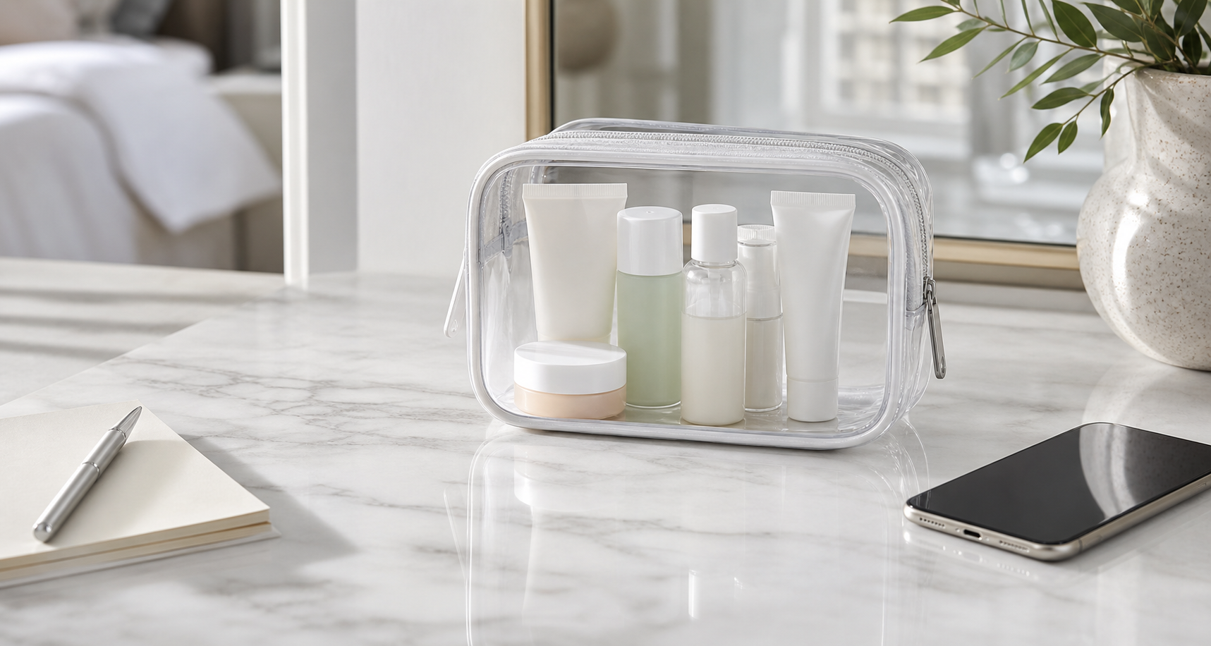 A clear travel pouch filled with unbranded mini skincare bottles and tubes on a bright hotel vanity beside a notebook and smartphone
